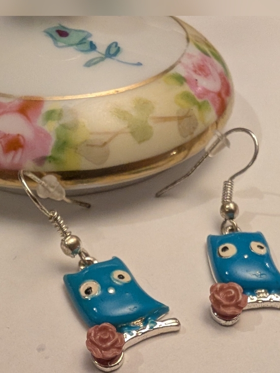 Jewelry - Whimsical Blue Owl Dangle Earrings with Rose Accent